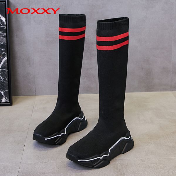 

2019 new fashion sport sock boots women shoes stretch fabric over the knee boots thigh high black chunky sneakers platform