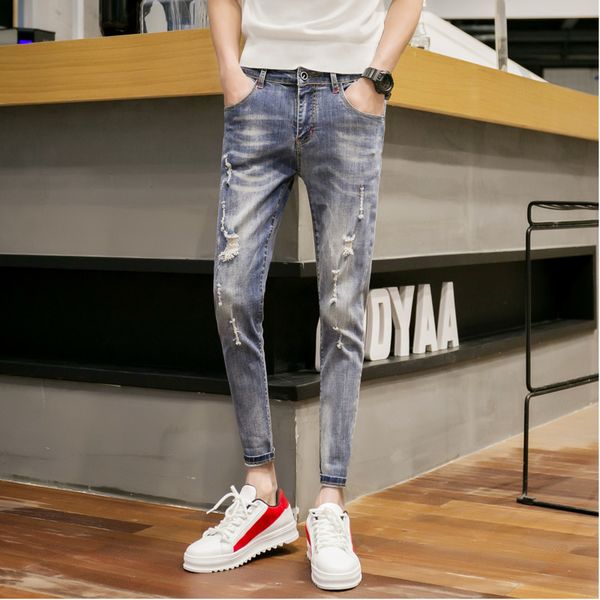 

2019 new spring and summer fashion korean version of the couple nine points of slim fit casual jeans hip hop streetwear best, Blue
