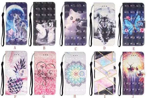 

3d leather wallet case for iphone 11 pro xs max xr x 7 6 samsung note 10 s10 s10e wolf cat lace flower butterfly pineapple marble flip cover