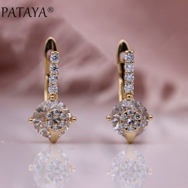 

pataya new cute unique dangle earrings 585 rose gold natural zircon luxury wedding fashion jewelry women white round earrings, Silver