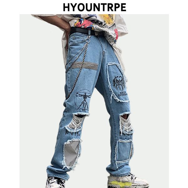 

fashion destroyed ripped holes denim jeans patchwork reflect lines hip hop straight long pants men new streetwear zipper trouser, Blue