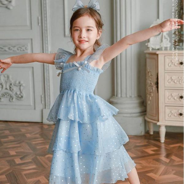 

summer daughter preferred birthday layered dress for girl dot print bow sling chiffon dress love child girl wedding party gowns, Red;yellow
