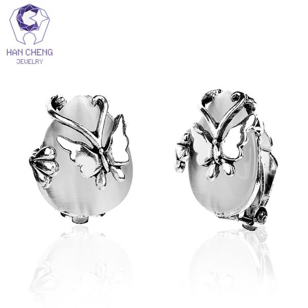 

hancheng new fashion metal butterfly fire opal vintage clip earrings for women jewelry antique silver plated bijoux brincos