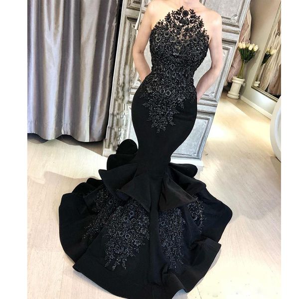

fashionable black mermaid evening dresses illusion neck 3d flower beading ruffles skirt celebrity gowns satin long prom dress, Black;red