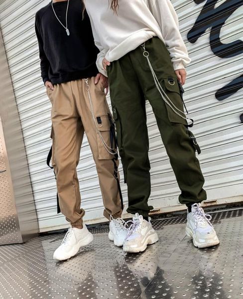 

men's and women's overalls harajuku with pocket chain ankle pants high waist chain hip-hop, style harem pants, Black