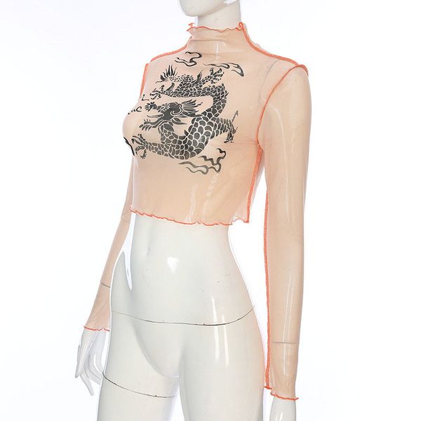 

harajuku mesh crop long sleeve t shirt women kawaii dragon graphic tees see through turtleneck summer tshirt, White