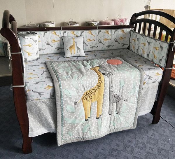 

100%cotton crib bumper set 3d embroidery baby bed set mom and son of deer baby organizer quilt bumper bed skirt pillow