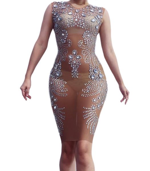 

silver rhinestones mesh sleeveless dress female singer prom dress see through outfit birthday celebrate, Black;red