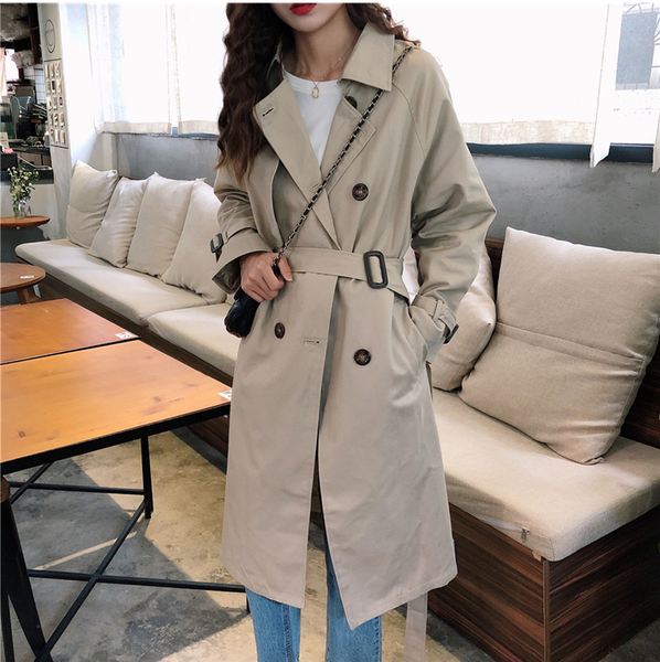

n048#european selling 2020 medium long trench coat women's college wind loose coat women's jacket, Tan;black