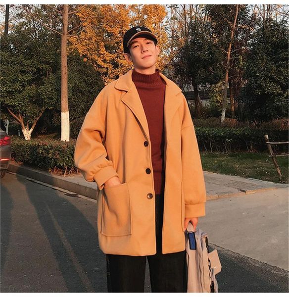 

coats fashion autumn wool blends single breasted coats ulzzang mens loose outerwear teenager oversize mens designer, Black