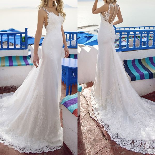 

chic lace appliques wedding dress vintage sweetheart illusion covered button back curtain train mermiad bridal gown, White