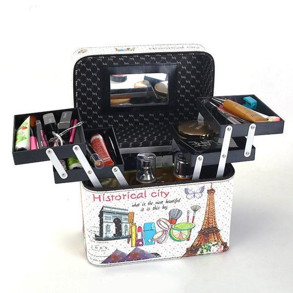 

women large capacity professional makeup organizer fashion toiletry cosmetic bag multilayer storage box portable flower suitcase