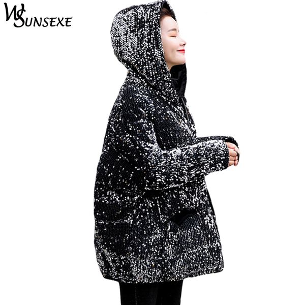 

shiny sequin winter hooded jacket coat women fashion thick warm cotton padded coats new casual bomber streetwear parka outerwear, Black