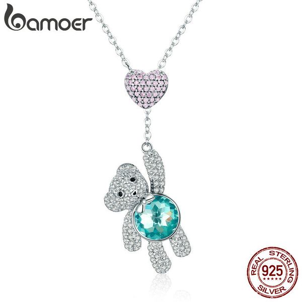 

bamoer 100% 925 sterling silver pink cz heart and cute bear animal pendant necklaces for women silver jewelry gift scn271