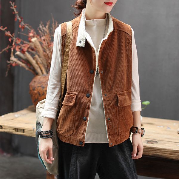 

women cotton jacket sleeveless outwear vest retro vintage fashion casual thick for autumn winter az65212720, Black;white