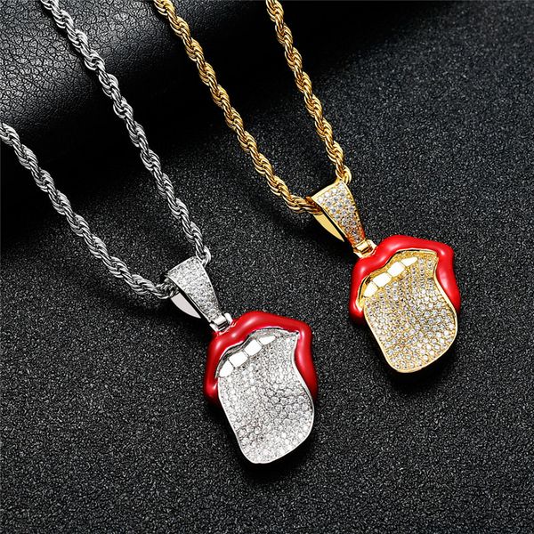 

iced out tongue pendant necklace with chain fashion red lips pendant necklace cz stone hip hop jewelry, Silver