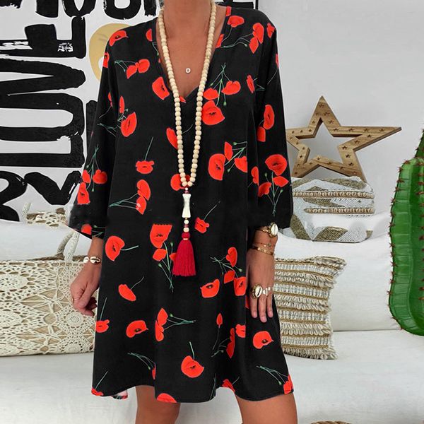 

plus size dress women 2xl loose floral print long sleeve v-collar button party mini dresses elegant vestidos de festa 2020, Black;gray