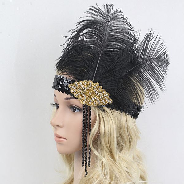 2019 1920s Vintage Gatsby Party Headpiece Black Rhinestone Beaded Sequin Hair Band Women Flapper Headband Feather Hair Accessories From