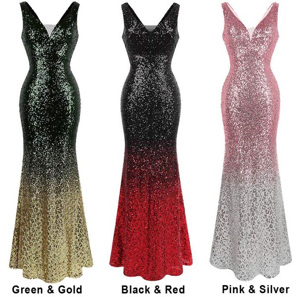 

angel-fashions women v neck gradient sequin long formal mermaid party prom gown dresses evening dress 382, Black;red