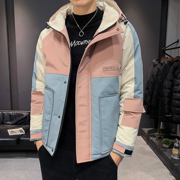 

2019 winter new stitching hit color hooded cotton coat male korean version of the trend loose thick cotton jacket coat, Black