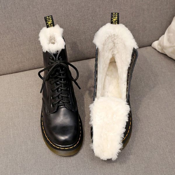 

winter warm genuine leather boots women platform dr. motorcycle shoes women fur plush ankle boots female punk bootts, Black