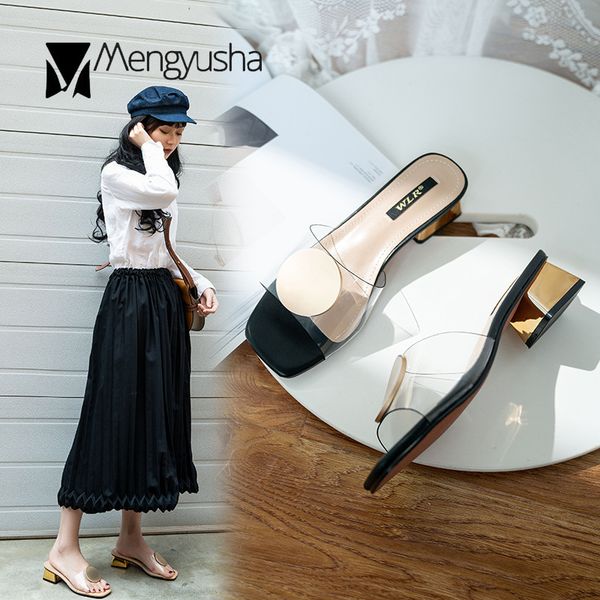 

metal chunky med high heels transparent women sandals open toe round buckle clear slippers square toe sandalias over size 34-43, Black
