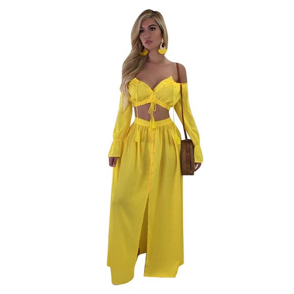 

summer beach casual chiffon 2-piece dress women's long sleeve slash neck cropped + floor-length elegant skirt set, White