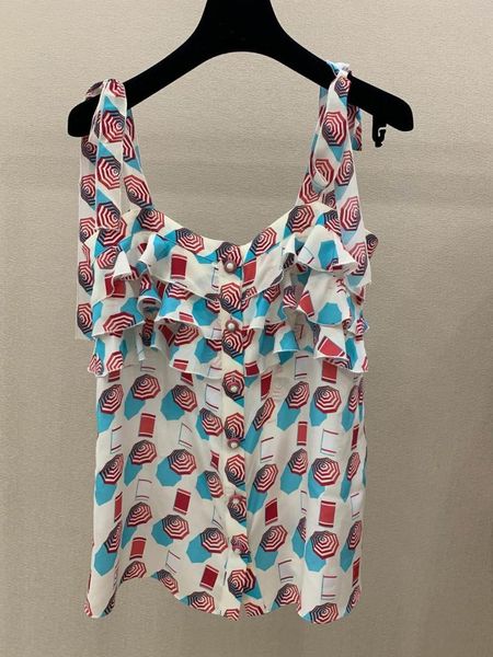 

2019 new ladies fashion ruffled stitching sling print 0608, White