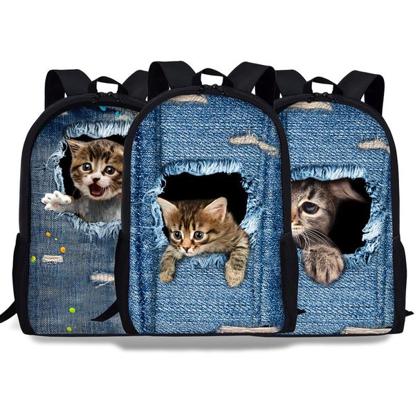 

curel fancl jeans cute women men casual backpack denim cat printing school backpack for teenage boys girls student bagpack bag