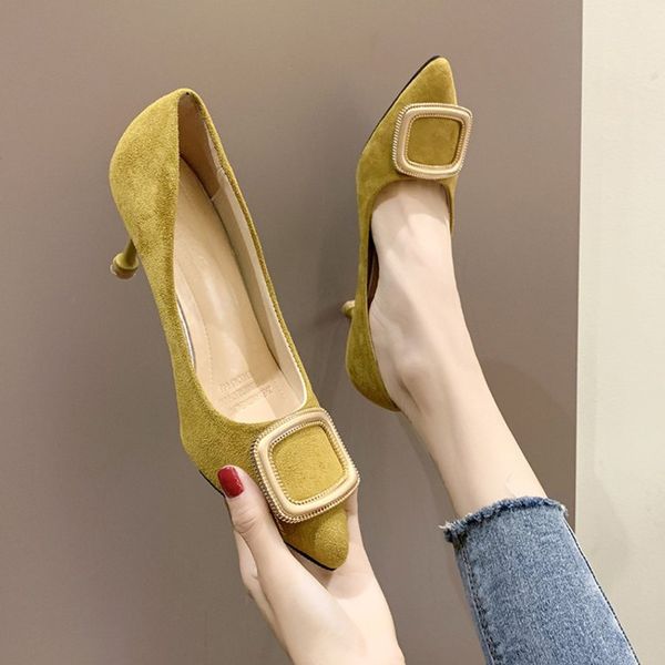 

high heels women shoes ladies pointed toe pumps black dress office female thin heel yellow shoes woman plus size 33-43