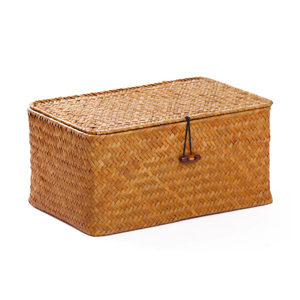 

natural with lid jewelry organizer large capacity space saving universal woven household storage box seagrass handmade durable, Slivery;brown