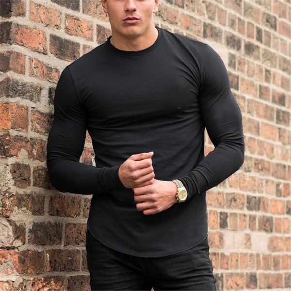 

mens solid color fitness tshirts o-neck longline stylish street long sleeved sports bottoming tees, White;black