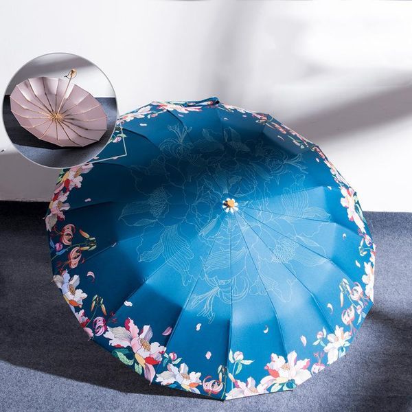 

16k umbrella rain women windproof wooden handle reverse umbrellas three folding anti-uv parasol girl umbrella y200324