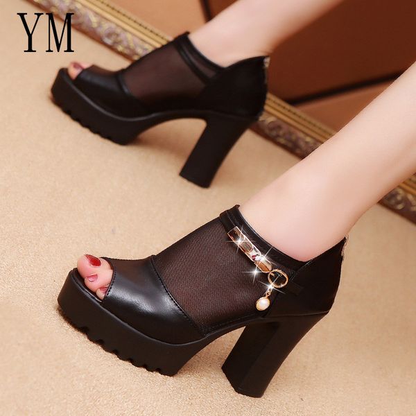 

2019 women sandals square high heel summer shoes woman pumps flower net hollow peep toe gladiator sandals size 35-39, Black