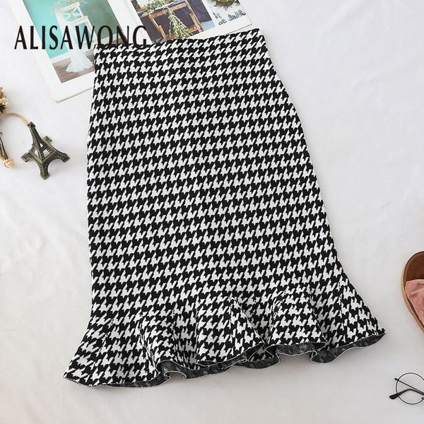 

2019 new arrivals women vintage wrap skirt fashion ladies black white plaid lotus leaf hem midi skirts clothing, Black;gray
