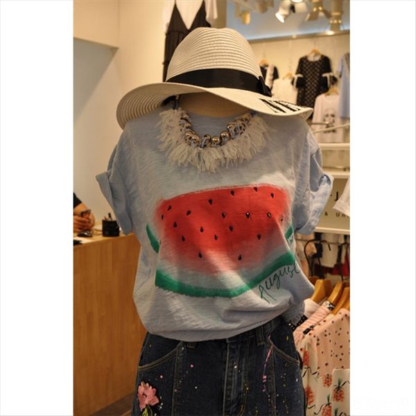 

summer 2020 watermelon letter printed t-shirt t-shirt female round collar short sleeve loose casual student fashion, White