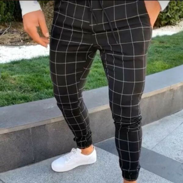 

men casual plaid pants long trousers tracksuit fit workout casual sweatpants, Black