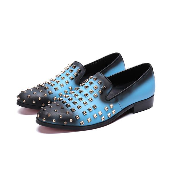 

fashion blue business casual low rivets leather shoes men flats loafers wedding shoes, Black