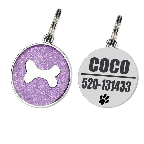 

1pcs bone print round glitter engraving dog cat tag dog collar stainless steel id tag name telephone pet cat collar acc