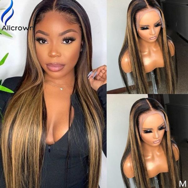 

alicrown ombre highlight straight13*6 lace front human hair wigs brazilian non-remy with baby hair bleached knots 150% densiy, Black;brown