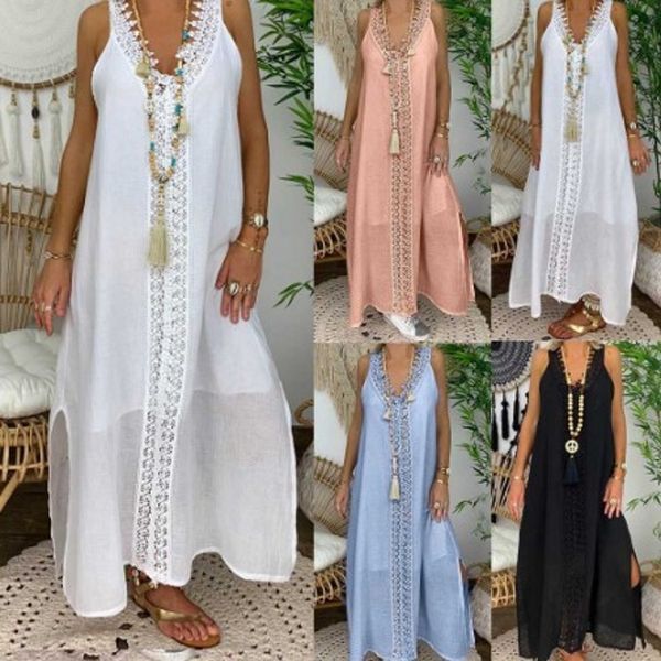 

pure color summer maxi dress lace trending fashion clothing v neck women summer dress 2020, Black;gray