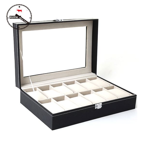 

2017 latest luxury black leather 12 grids watch box,watch accessories watch collection box festival case for gift, Black;blue