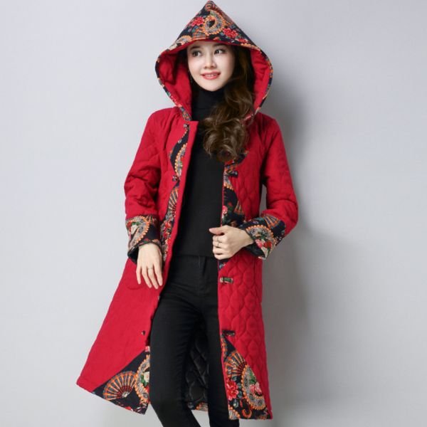 

warm autumn winter hooded parkas coat women vintage print patch designs long cotton linen parka mujer plus size coats da715, Black