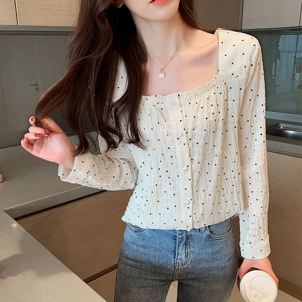 

p shoot ~ 2019 autumn new style fashion polka dot square collar long sleeve chiffon blouse, White