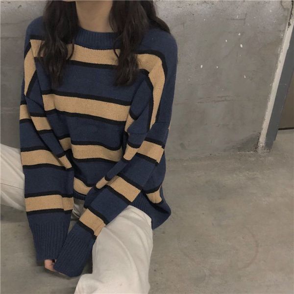 

loose autumn winter striped sweater women pullover plus size womens sweaters oversized color block sweater jumper, White;black