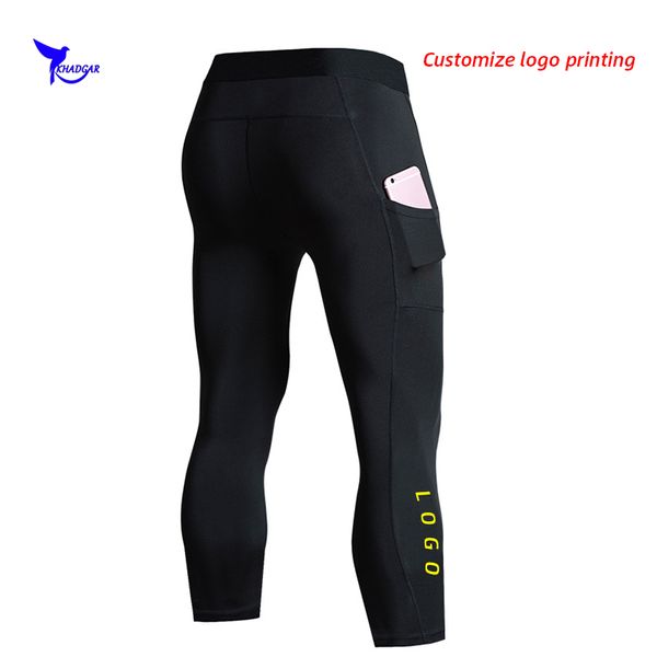 

2020 men quick dry capris running pants with pocket 3/4 gym fitness leggings compression tights stretch cropped trousers custom, Black;blue