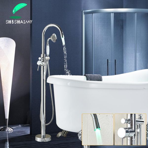

shbshaimy напольные светодиодные ванна кран хром латунь двойной ручки горячей холодной воды смеситель 360 градусов носик ванной кран