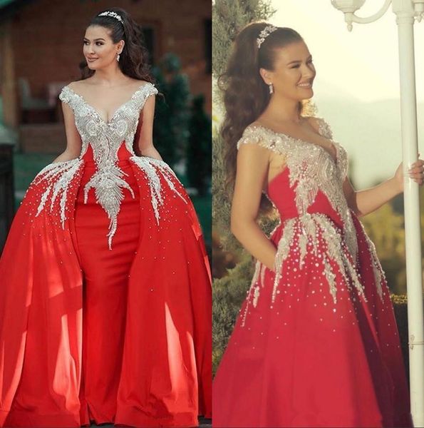 

2020 red mermaid prom dresses with detachable train floor length crystal beads formal evening dress party gowns vestidos de festa, Black