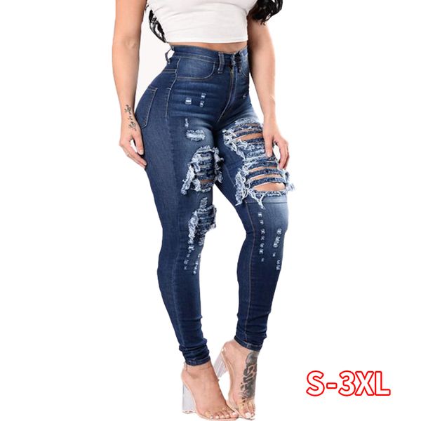 

women slim slinny hole jeans ripped long denim jeans pencil pants femme high waist mom woman, Blue