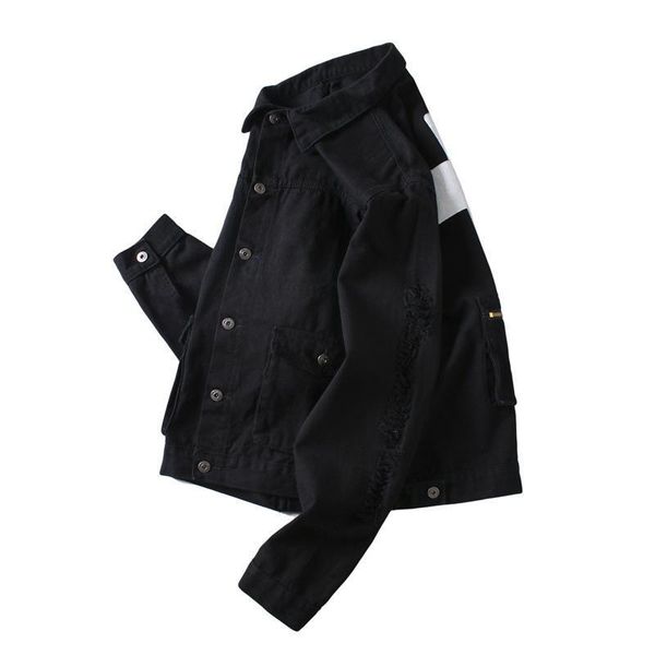 

mens streetwear ripped letter pirnt denim jackets coat women back pocket high street denim jackets male hip hop coat645, Black;brown